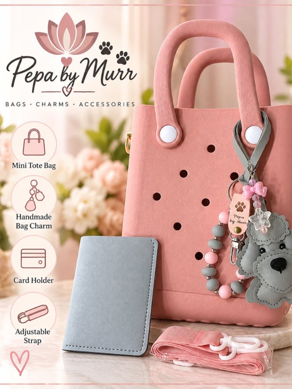 Pink Mini Tote Bag + Handmade Poodle Bag Charm Complete Set